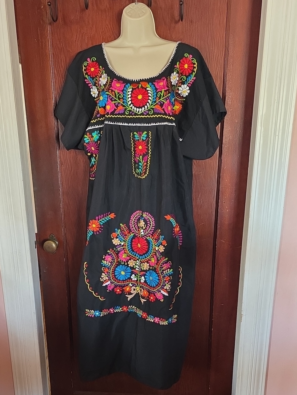 Hand-Embroidered Black Mexican Maxi Dress with Multicolor Floral Motif